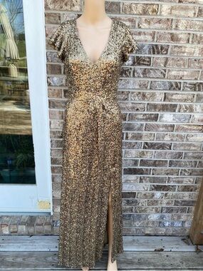 Belle Badgley Mischka Gold Sequin Maxi Dress Size 2
